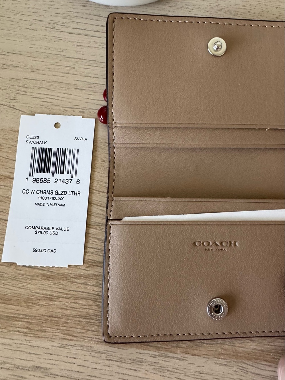 Coach Glazed Leather Card Wallet with Red Cherry Charm NWT Designer Whimsical - Picture 3 of 6